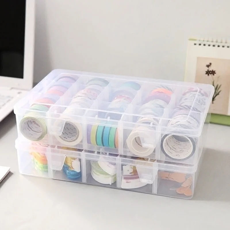 Caixa de armazenamento transparente para escritório com 15 compartimentos e divisórias ajustáveis, recipiente de plástico para arte, pintura, papel e fita.
