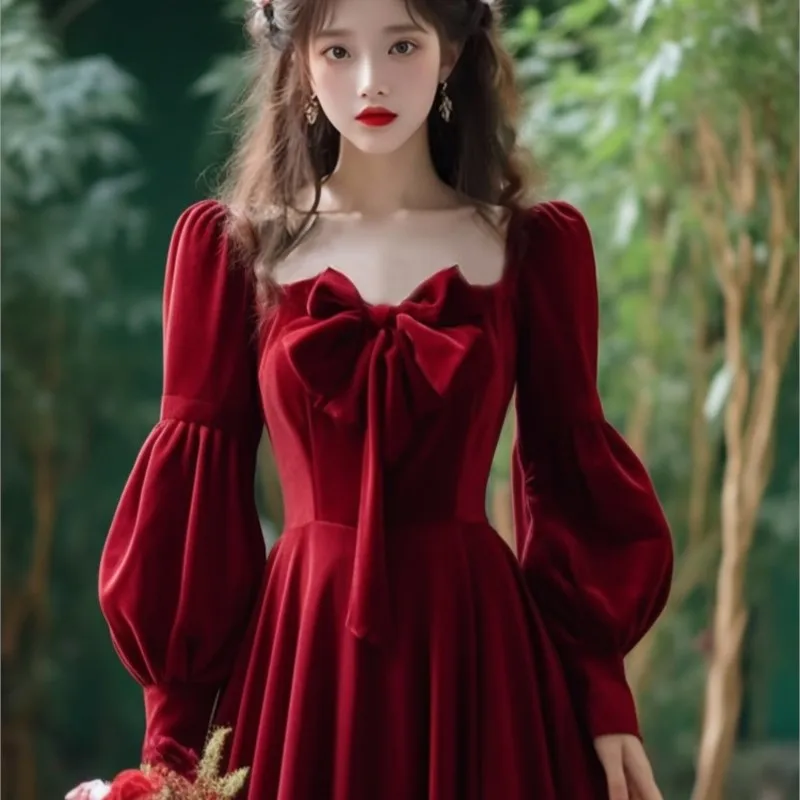 Red Velvet Dress New Women's Vintage