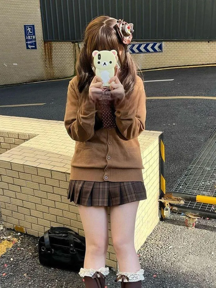 

plus Size Autumn Winter Brown Knitted Sweater Coat New Arrival Caramel Bread Skirt College Sle Faion Set for Women