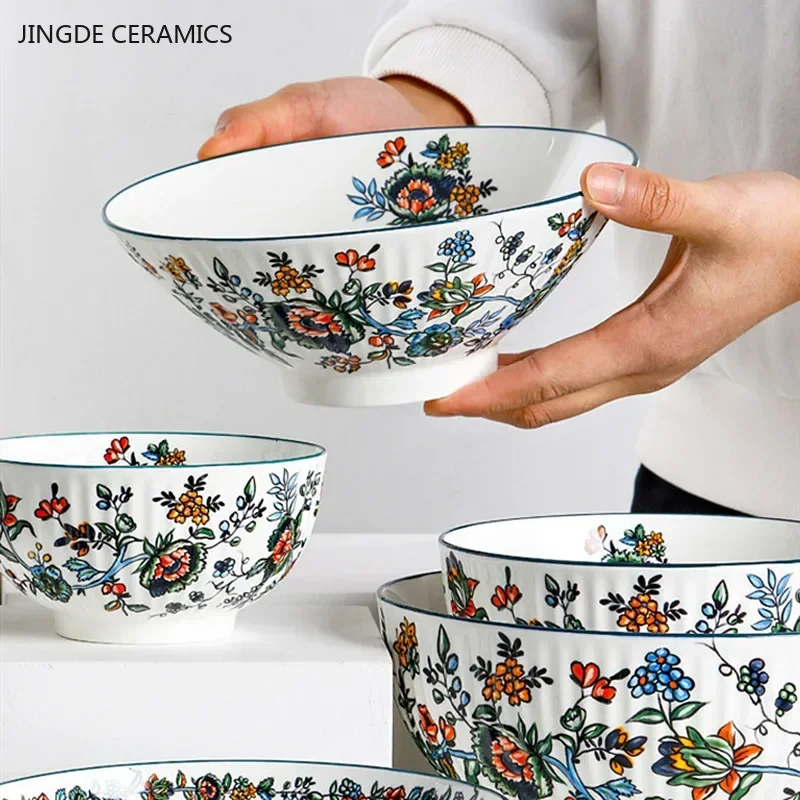 Chinese Ceramic Tableware Flower Pattern Noodle Bowl Under Glaze Color Bowl Vintage Oven Porcelain Plate Kitchen Dinner Plates