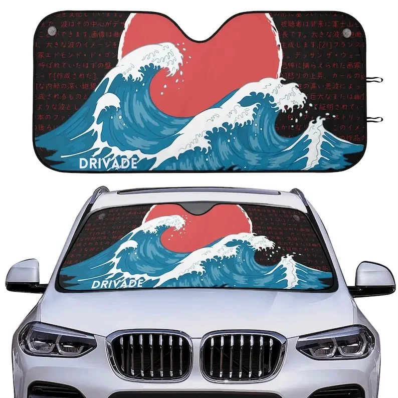 Kanagawa Wave Car Auto Sunshade Japanese Style Foldable Windshield Shade JDM Car Sunshade Japanese Inspired JDM Car Accessories