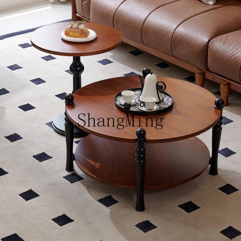 

ZYY retro solid wood round table, coffee table, living room, small apartment, simple storage with double-layer side tables