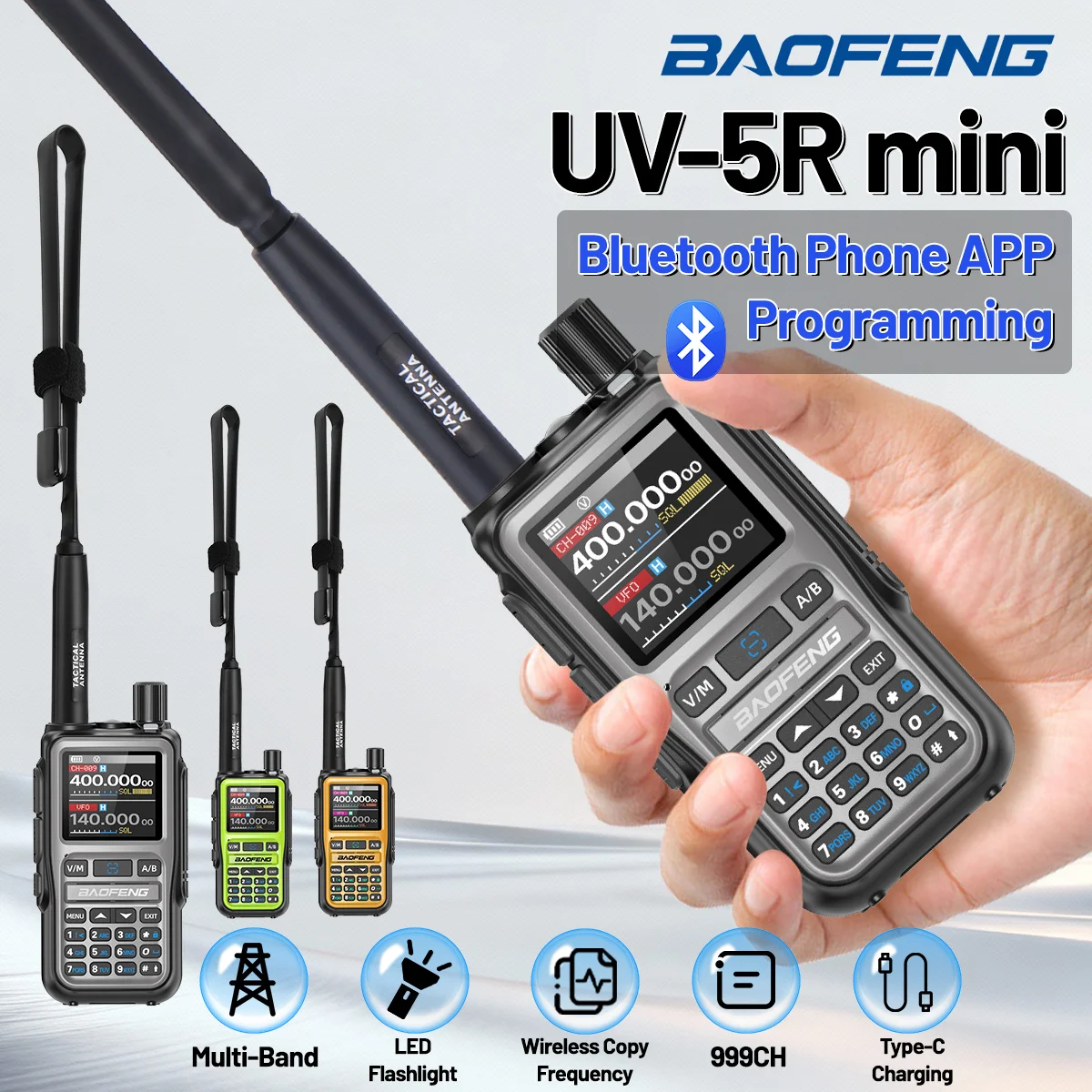 BAOFENG UV-5R Mini Walkie Talkie Multi Band Wireless Bluetooth Programming Dual PTT Type-C Charge Long Range Two Way Radio