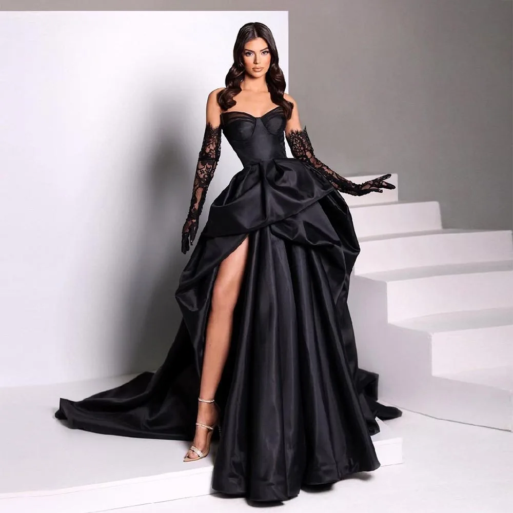 Sevintage preto lado alto dividir cetim sereia vestidos de baile com decote em v sem mangas plissado ruched vestido de noite vestido de festa de casamento