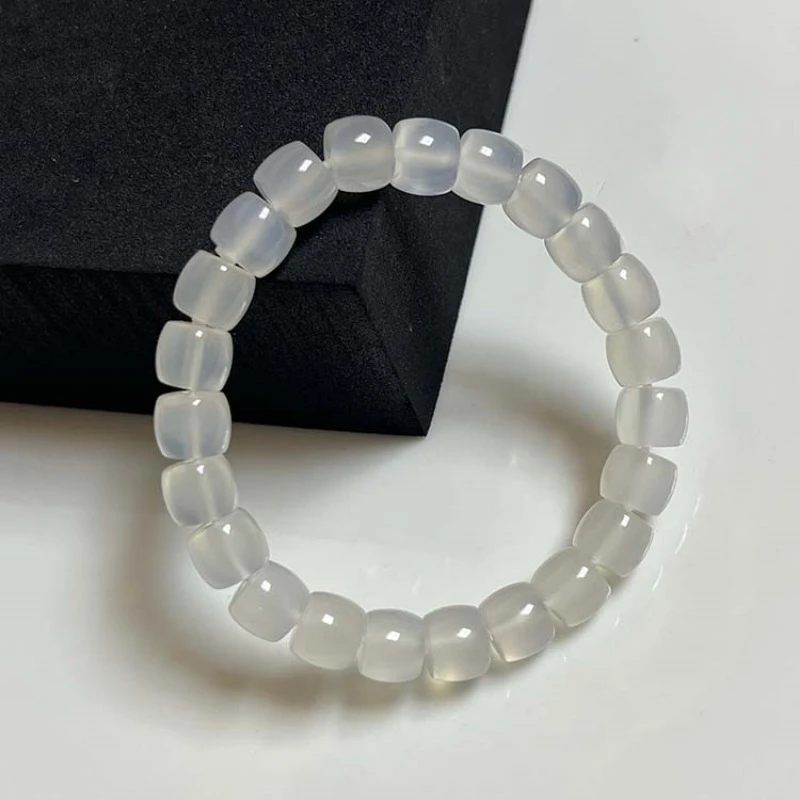 Natural white ash agate straight cut old bead barrel bead single circle bracelet