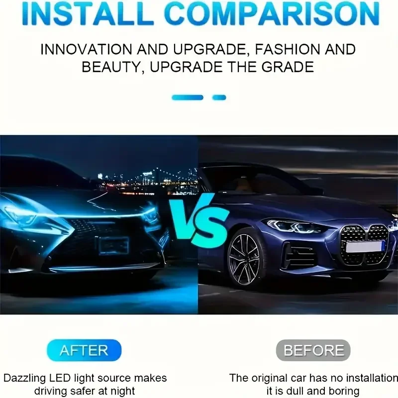 شريط إضاءة LED لبدء تشغيل السيارة - ضوء دليل غطاء محرك المحرك 12 فولت لتزيين السيارات وتأثير الجري النهاري المعدل