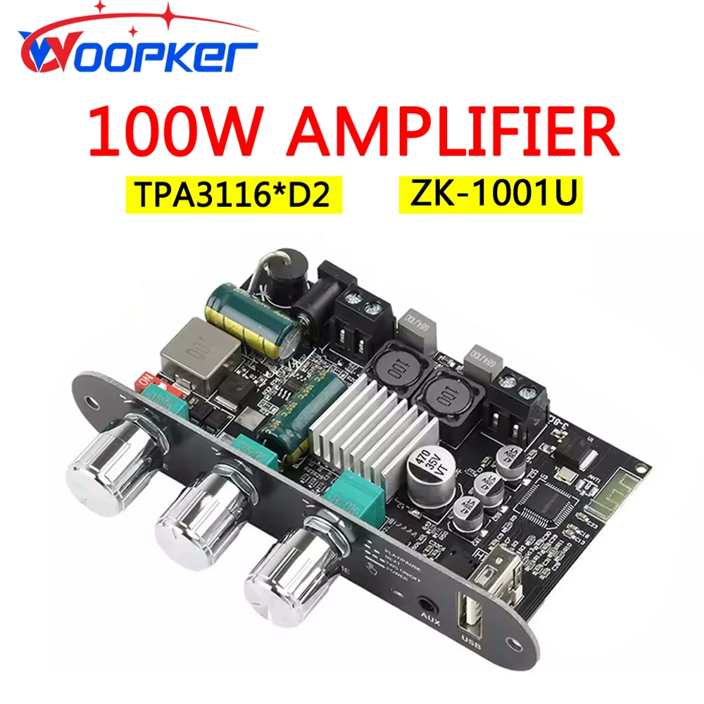 ZK-1001U 100W Amplifier Module Mono Bluetooth 5.3 Supports APP AUX, USB Flash Drive TPA3116D2 Audio Amplifier DC 9-24V Woopker