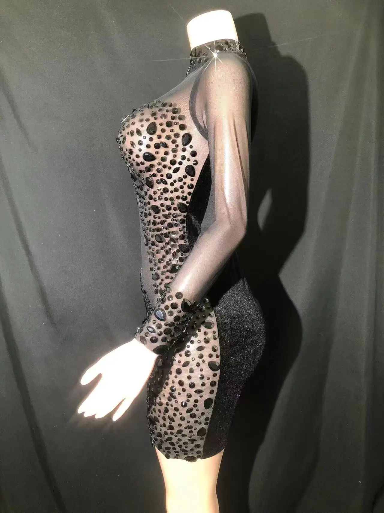 Vestido de encaje de malla personalizado transparente, lentejuelas de alta elasticidad, diamantes de imitación, sexy, ajustado, vestido de fiesta de cumpleaños, Longuette de rendimiento