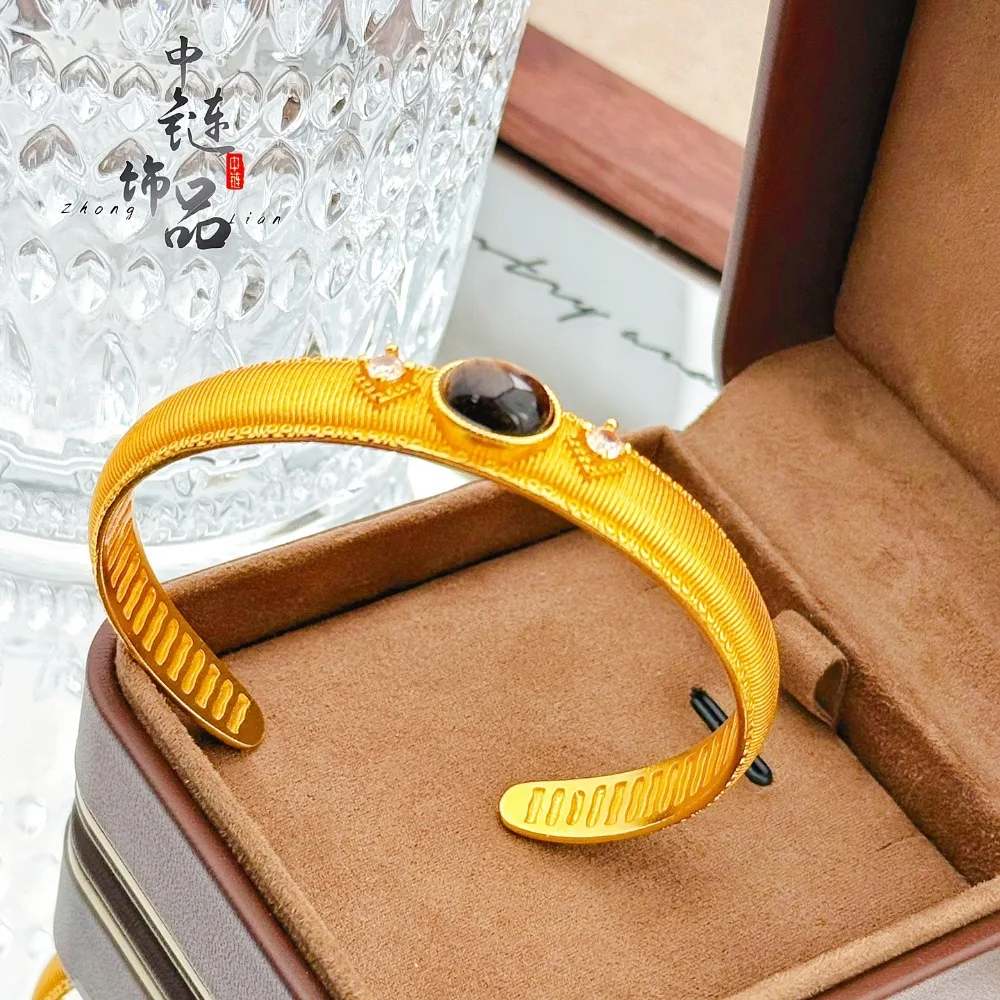Pull silk tiger-eye stone opening bracelet vintage tiger-eye stone 9999gold