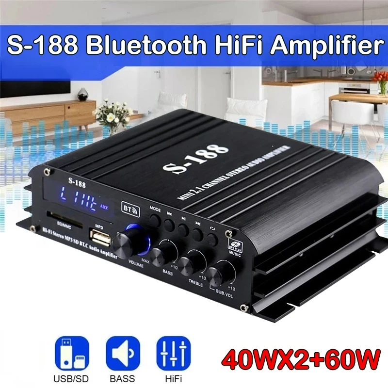 

S-188 Bluetooth Stereo HiFi Amplifier 2.1 Channel Audio Power Amplifier Bass Treble Control 40W×2+60W Amp Audio Amplificador