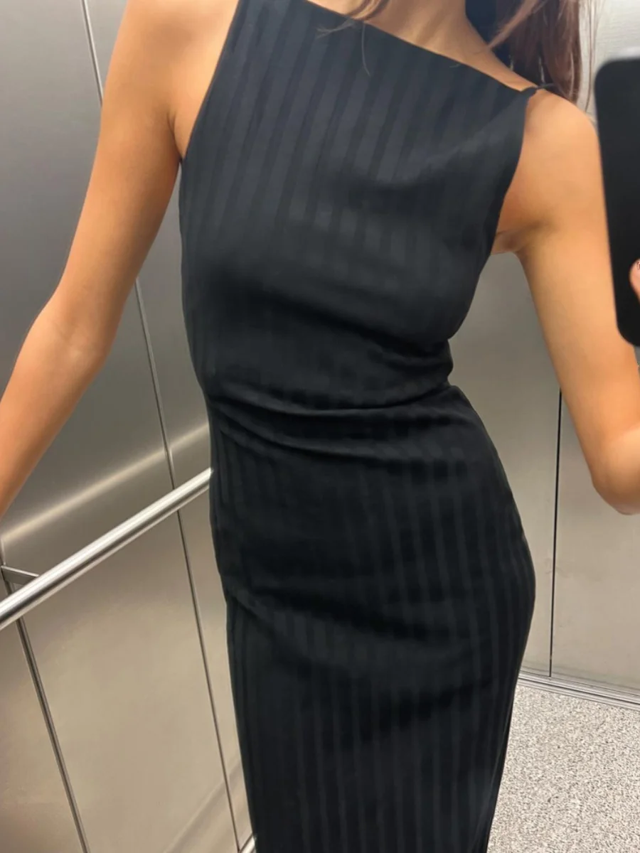 Vestido Midi canelado acintu sem mangas com decote redondo, modelo ZA2024, novidade de verão para mulheres.