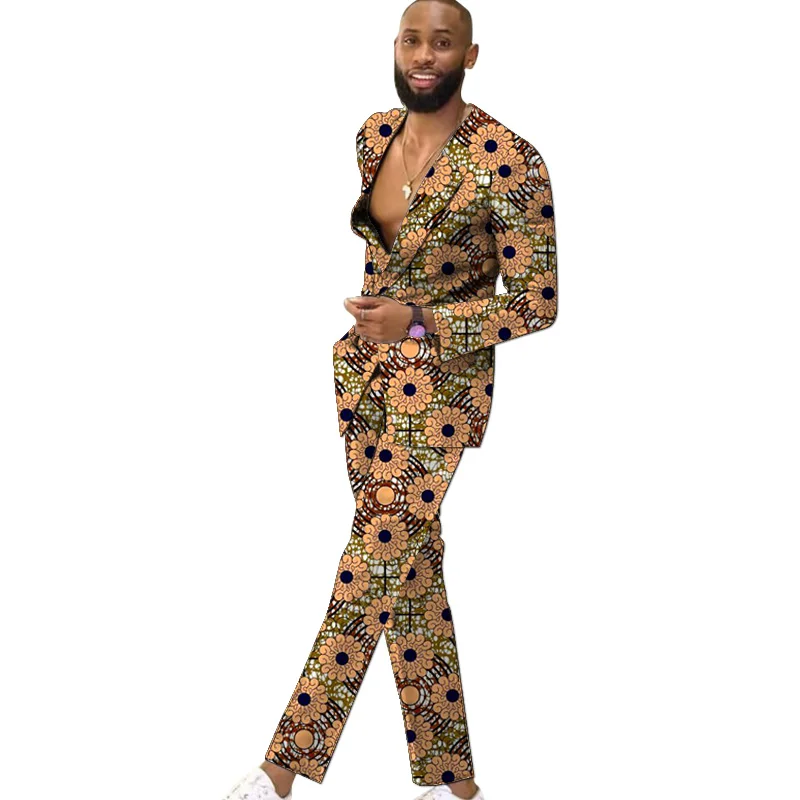 Giacca da uomo alla moda con Design senza colletto blazer + pantaloni stampa colorata vestiti festivi abiti da sposa africani maschili