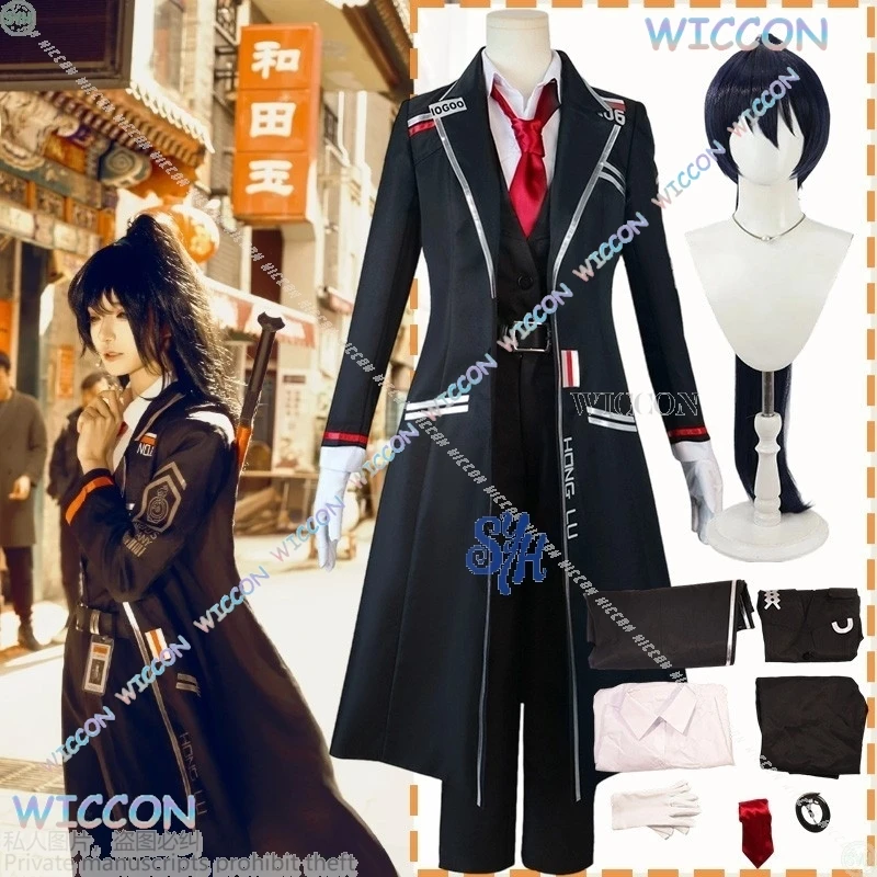 Wona Game Limbus Company Cosplay Disfraz de Hong Lu Punk Abrigo largo negro Capa fresca Cinturón de corbata Moda Halloween Navidad ktaFiesta