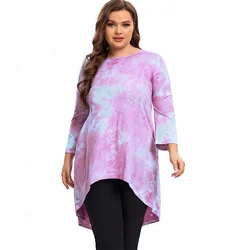 Plus Size Long Sleeve Elegant Tie Dye Tunic Tops Women Long Loose Hi Low Swing Blouse T Shirt Fit Flare Large Size Casual Tops