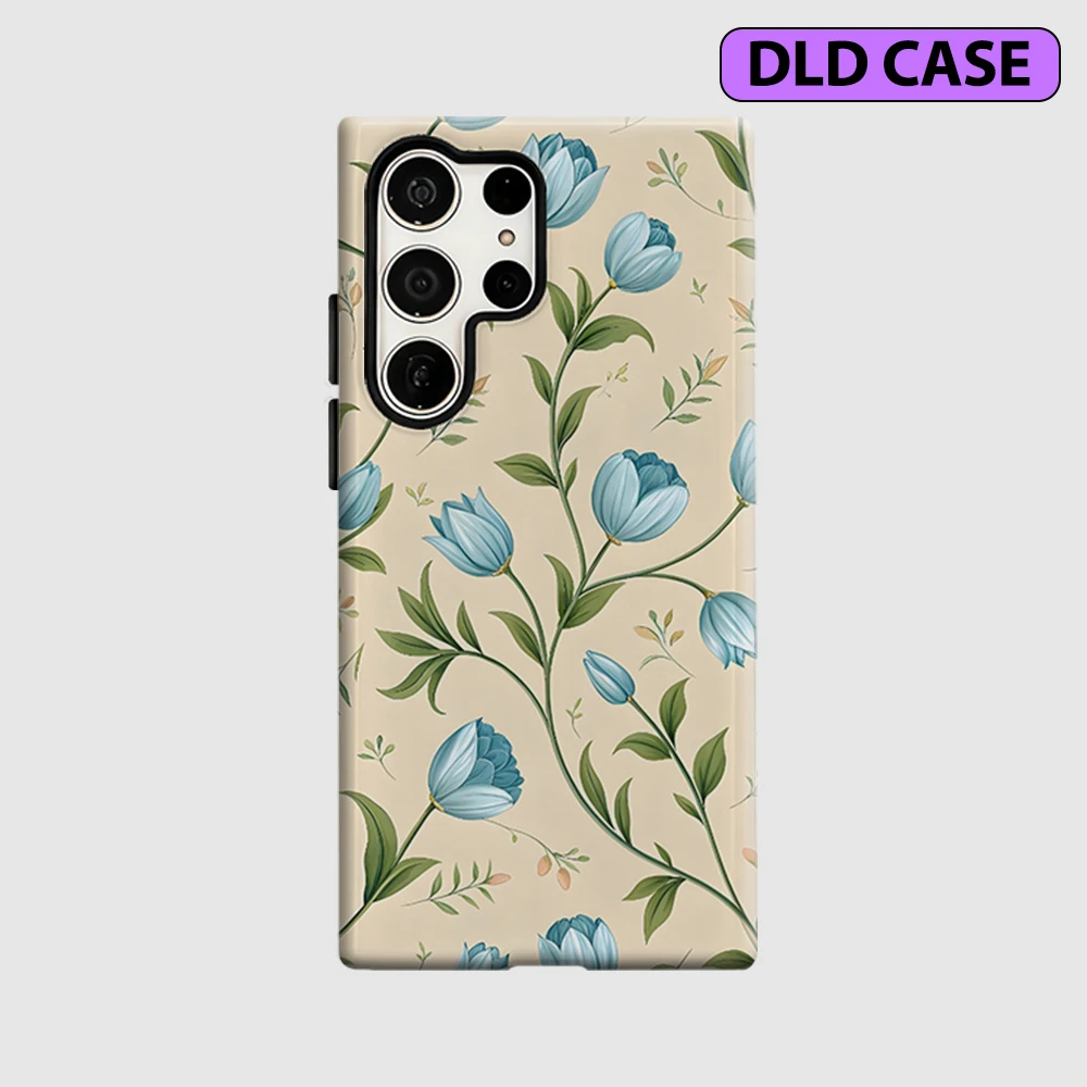 Blue Tulip Trail Phone Case for Samsung Galaxy S26 S25 Ultra S24 S23 Ultra Plus Shockproof Double Layer Tough Back Cover