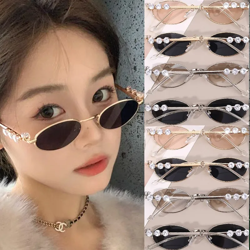 Diamond Inlaid Sunglasses Oval Small Frame Eyeglasses UV Resistant Exposure Metal Glasses Light Spectacle Decorative Eyewear