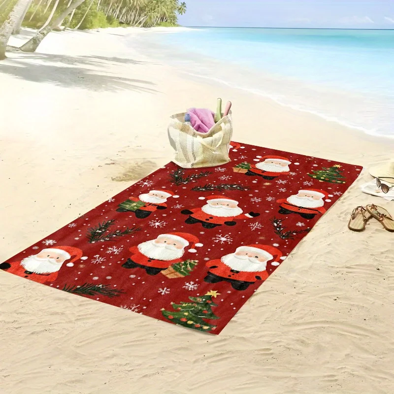 1pc Christmas Beach Towel, Santa Claus Pattern Soft Microfiber Bath Towels, Unisex Oversized Towel for Swimming Travel Camping,