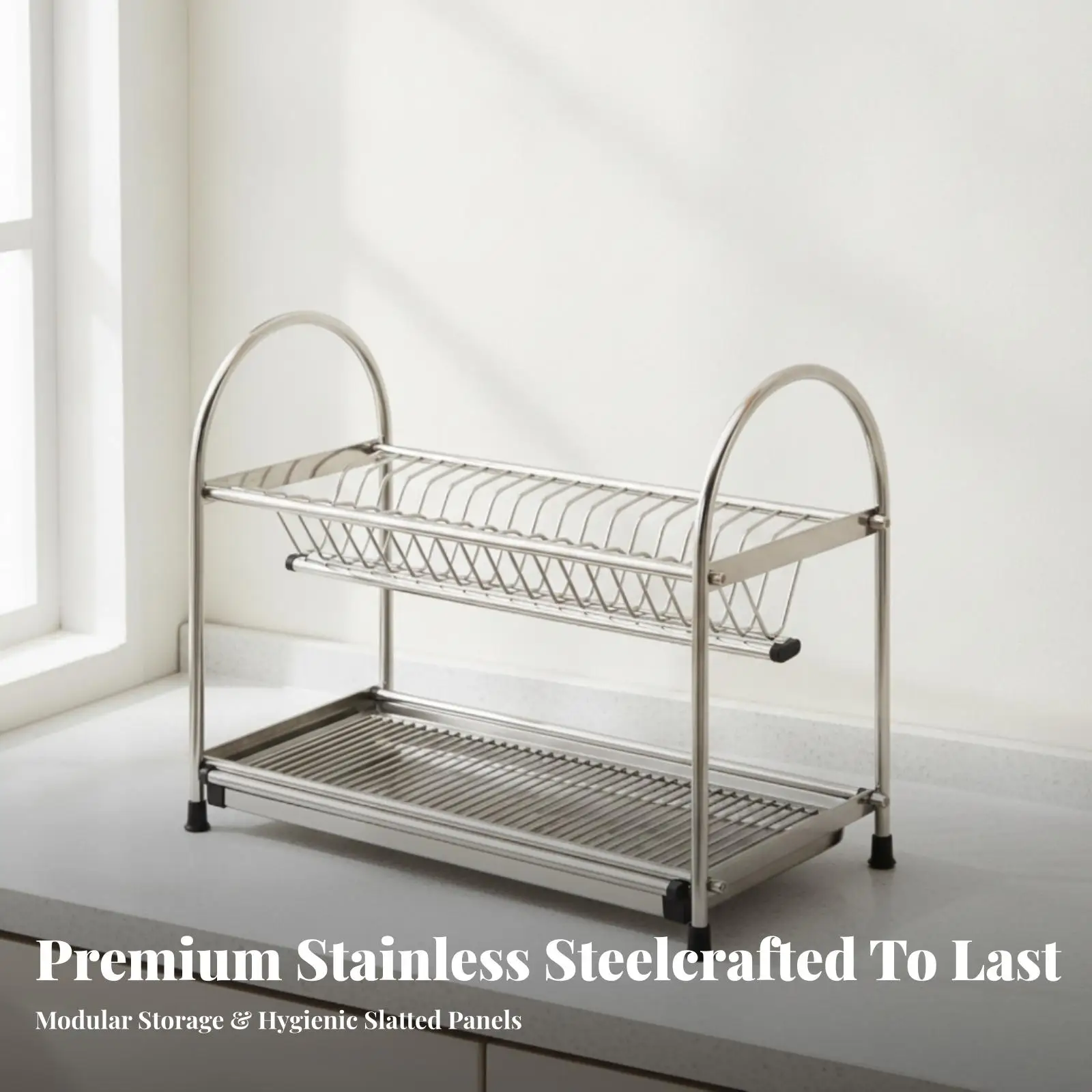 Kitchen Countertop Dish Drainage Rack with Two Tier Slatted Shelves for Plates Bowls and Mugs After Washing