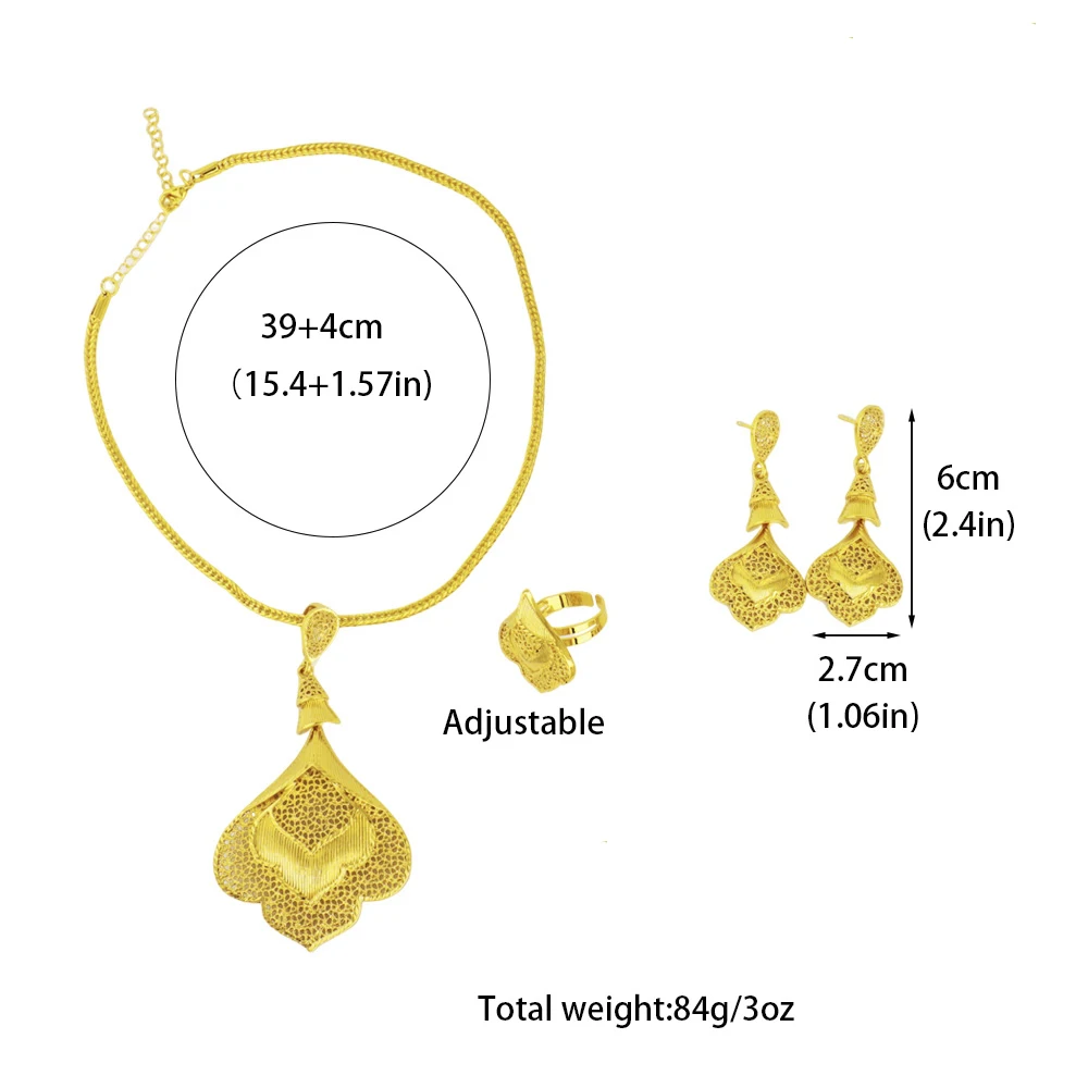Ethiopia Vintage Gold Color Women Jewelry Set Hollow Out Flower Necklace Ring Drop Earrings For Bridal Party Wedding Easter Gift