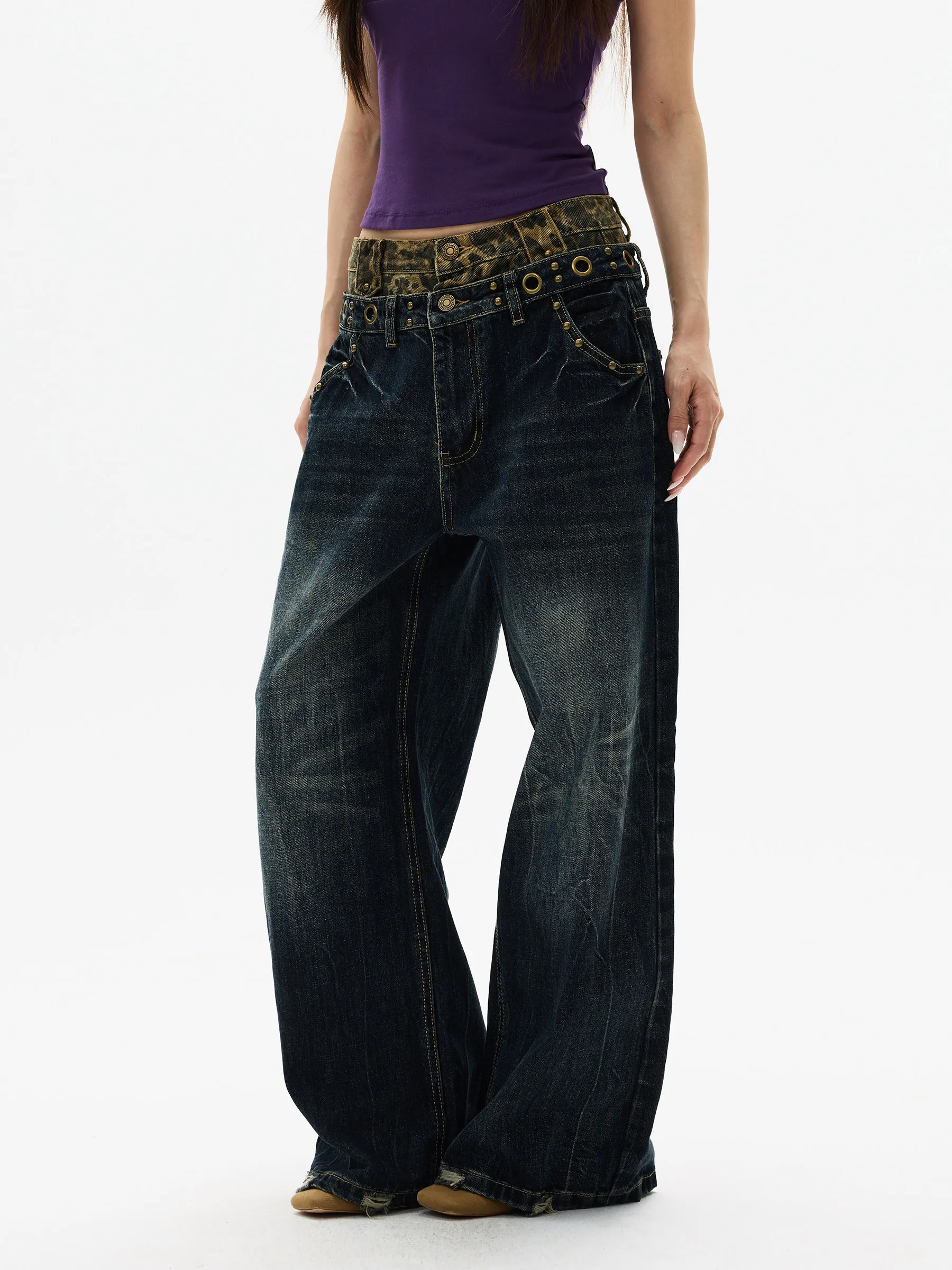 Leopard Print Pattern Jeans Women's American Waed Vintage Straight Denim Pants Loose Wide Leg Pants Double Waist Harajuku Jeans