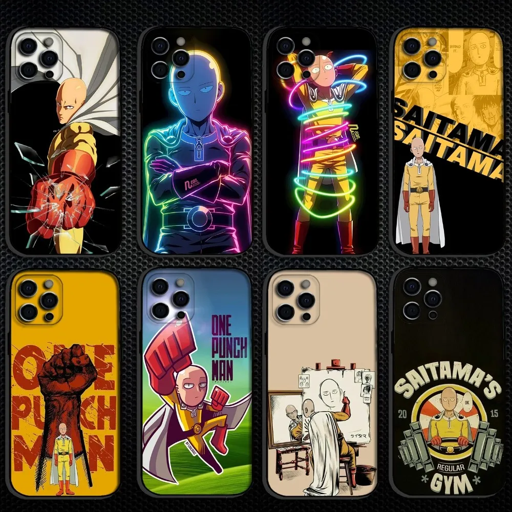 

Popular O-One P-Punchs Man Anime Phone Case For iPhone 16,15,14,13,12,11 Plus,Pro Max,XS,X,XR,SE Soft Silicone Black Cover