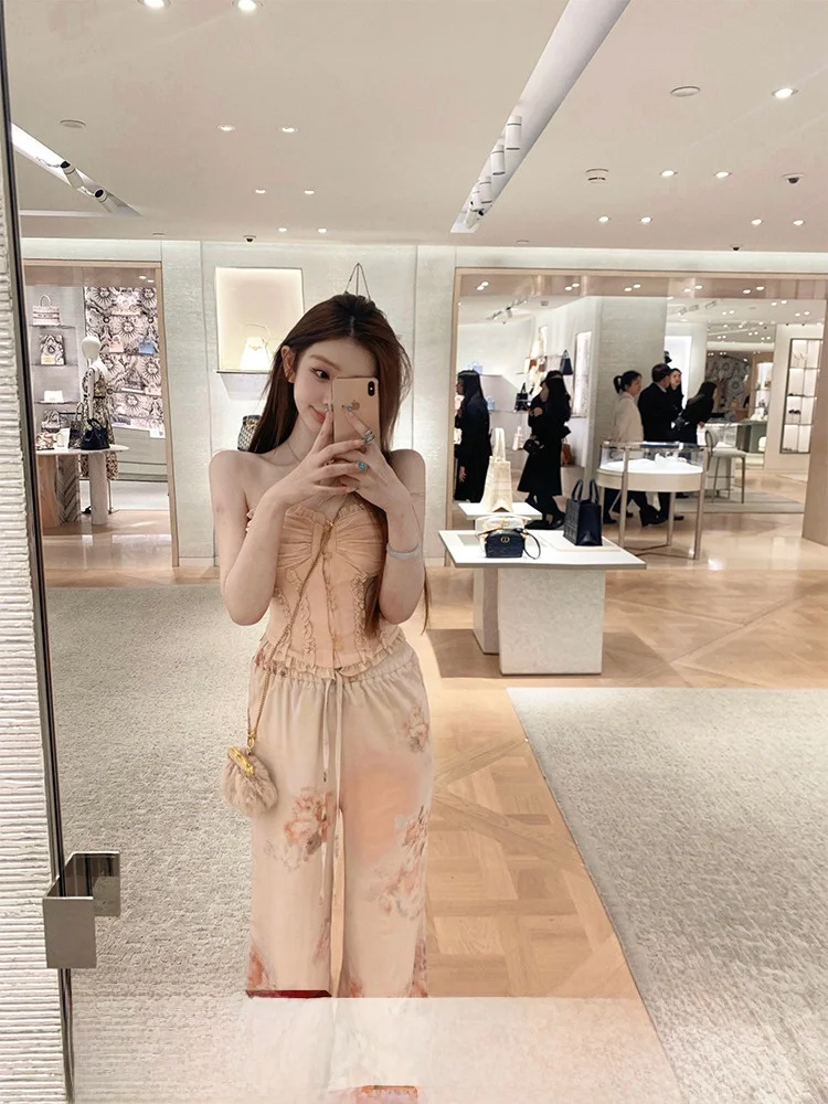 

DoggyQin Летние длинные прямые широкие брюки комплект из двух предметов с рюшами и свободным висячим ощущением для женщин