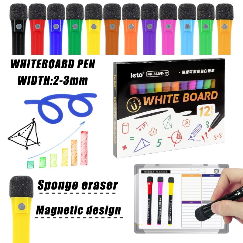 12COLORS Magnetic Dry Erase Markers, with Erasers, Quick drying ink / Easy to erase,Work On White board & Calendar, Refrigerator