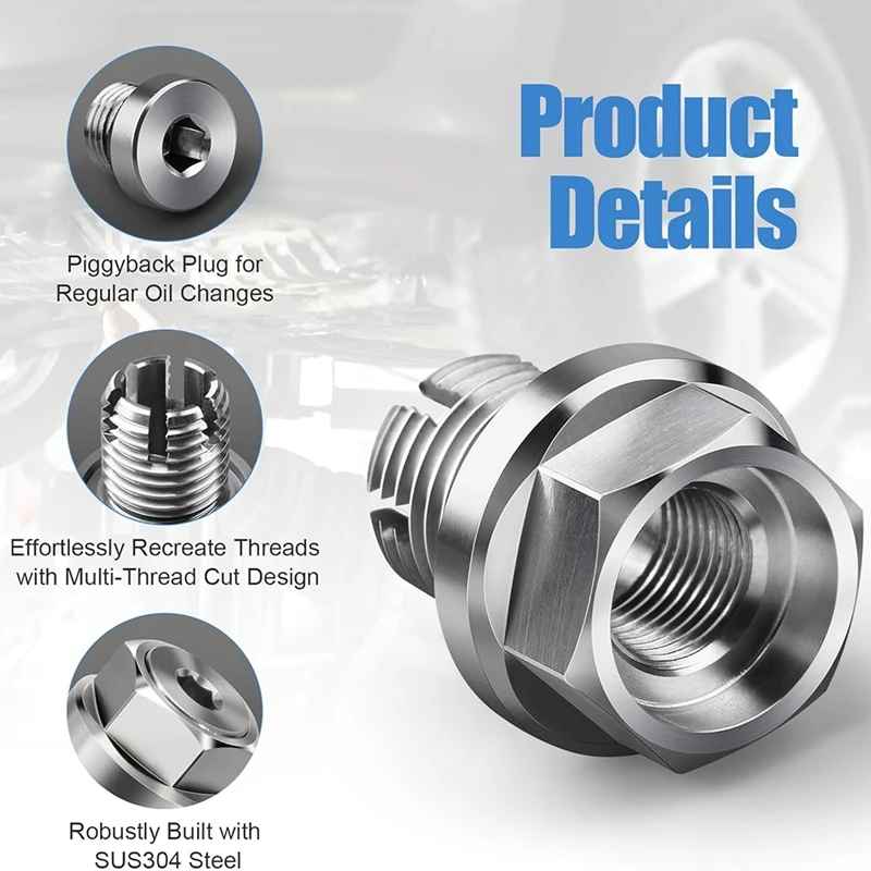 M14.1-1,5 x 15 mm übergroßer Piggyback-Ölablassschraube, selbstschneidendes Ölwannengewinde-Reparaturset aus Edelstahl
