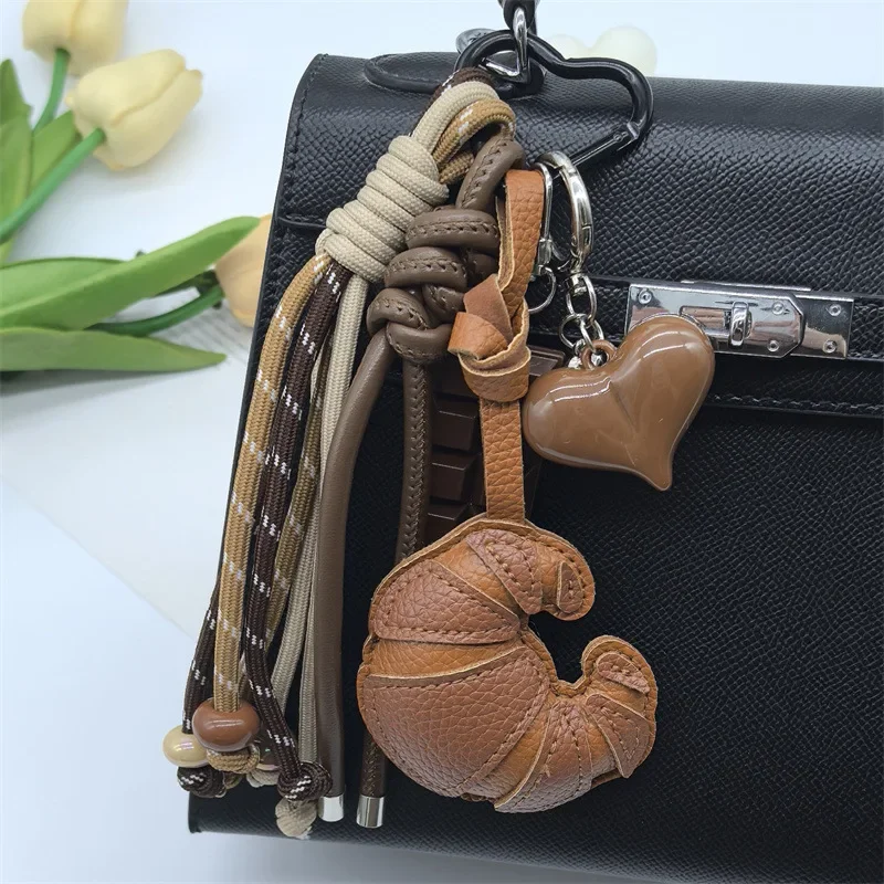 DIY Croissant Luggage Pendants High-quality Leather Keychain Fashion Braided Rope Pendant Versatile Phone Case Bag Pendants