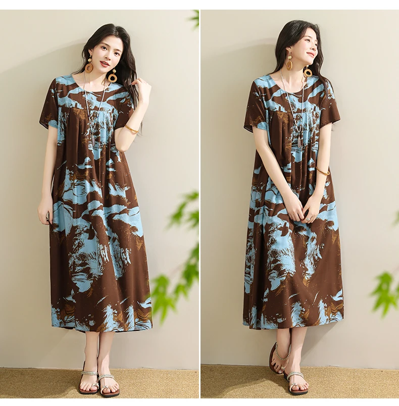 New 2025 Summer Dress For Women Plus Size Dress Casual Short Sleeve Boho Vintage Print Long Maxi Dress Beach Women Clothing