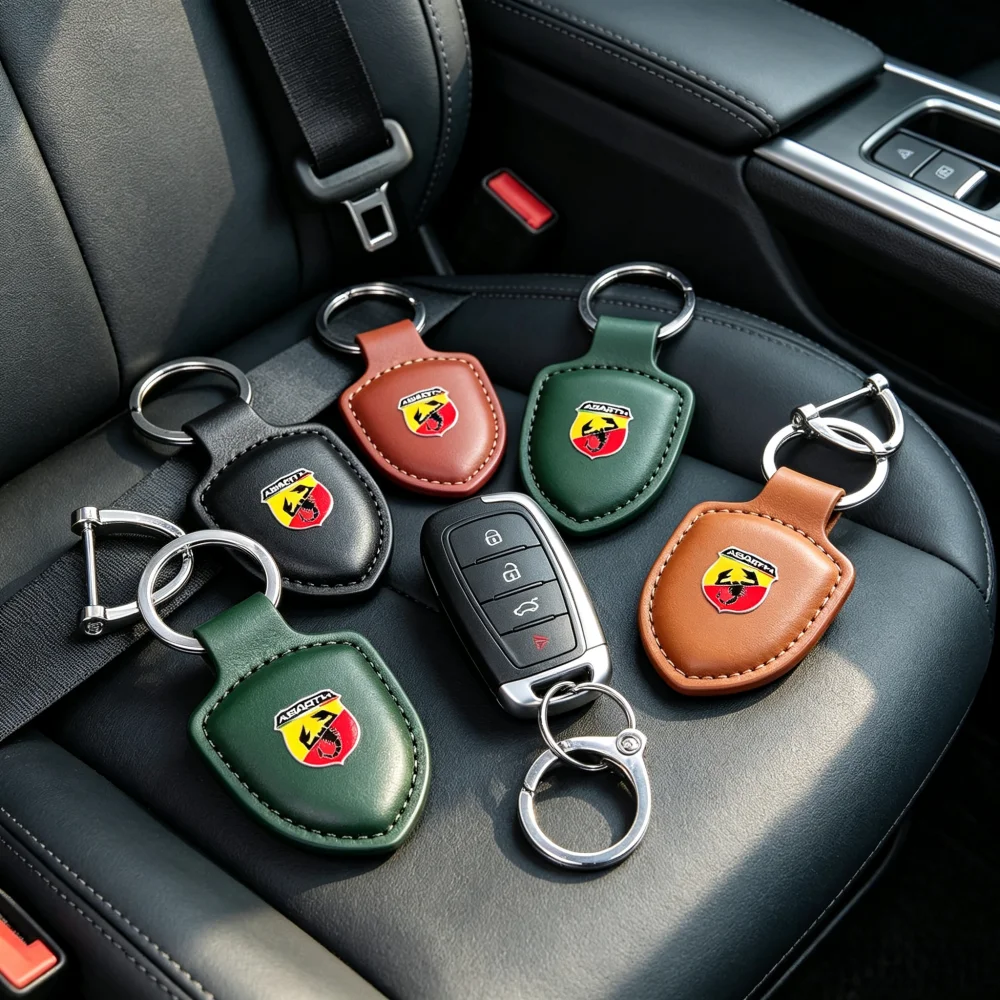 Leather Metal Car Keychain Key Ring Holder Auto Decoration Accessory For Abarth 500e 595 695 124 Spider Punto Evo Grande Punto