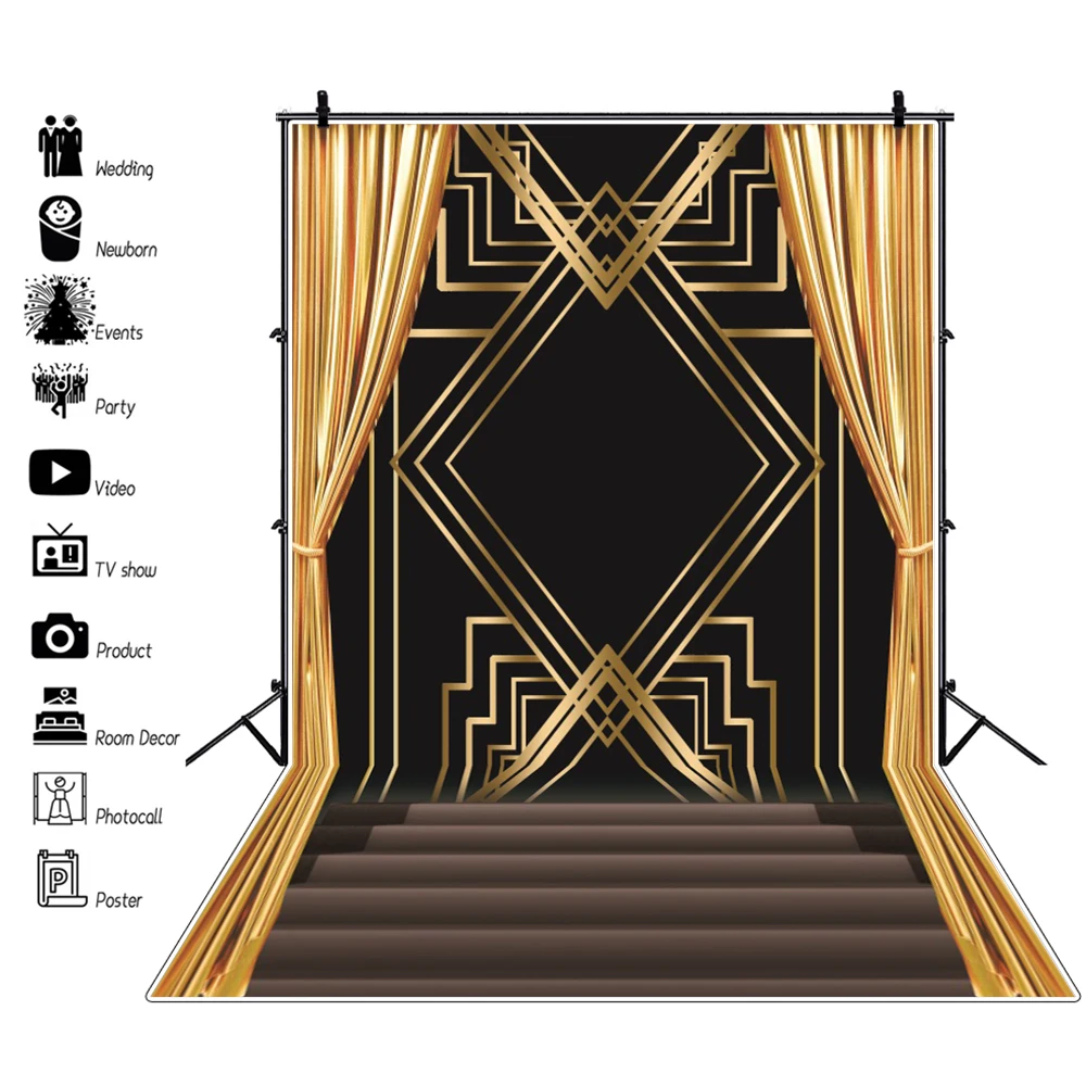 1920s Backdrop Great Gatsby Photo Booth Birthday Men Party Decoration Black and Gold Retro Vintage Roaring 20s Photo Background