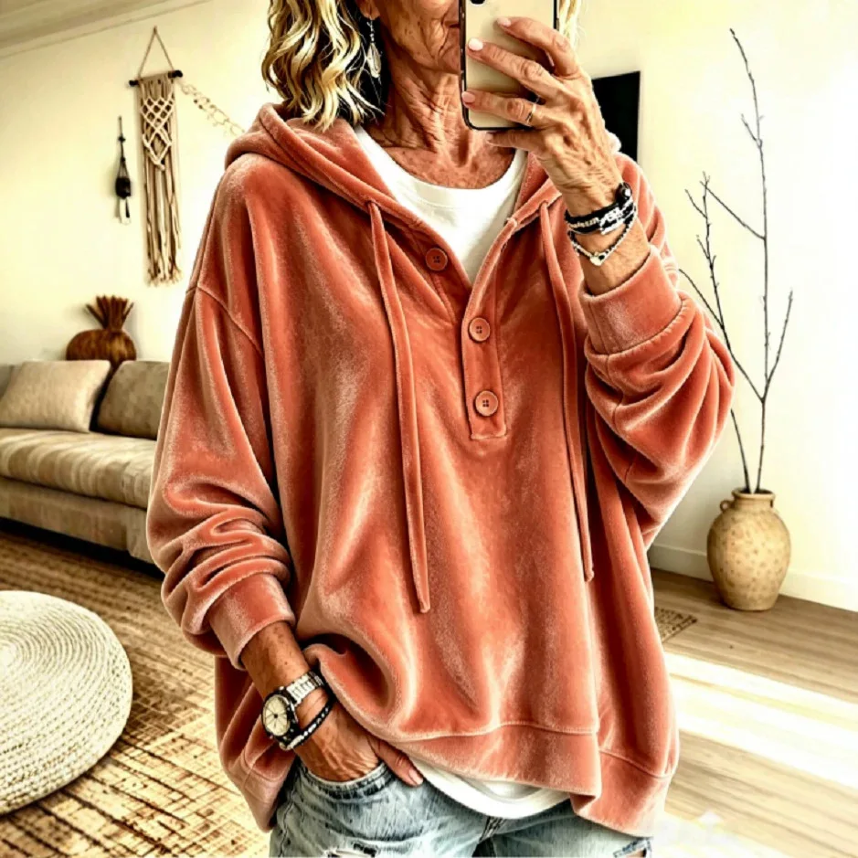2026 Autumn. And Winter New Collection: Gold Velvet Long-sleeved Hooded. Sweatshirt, Random And Loose-fitting Solid Color Women'
