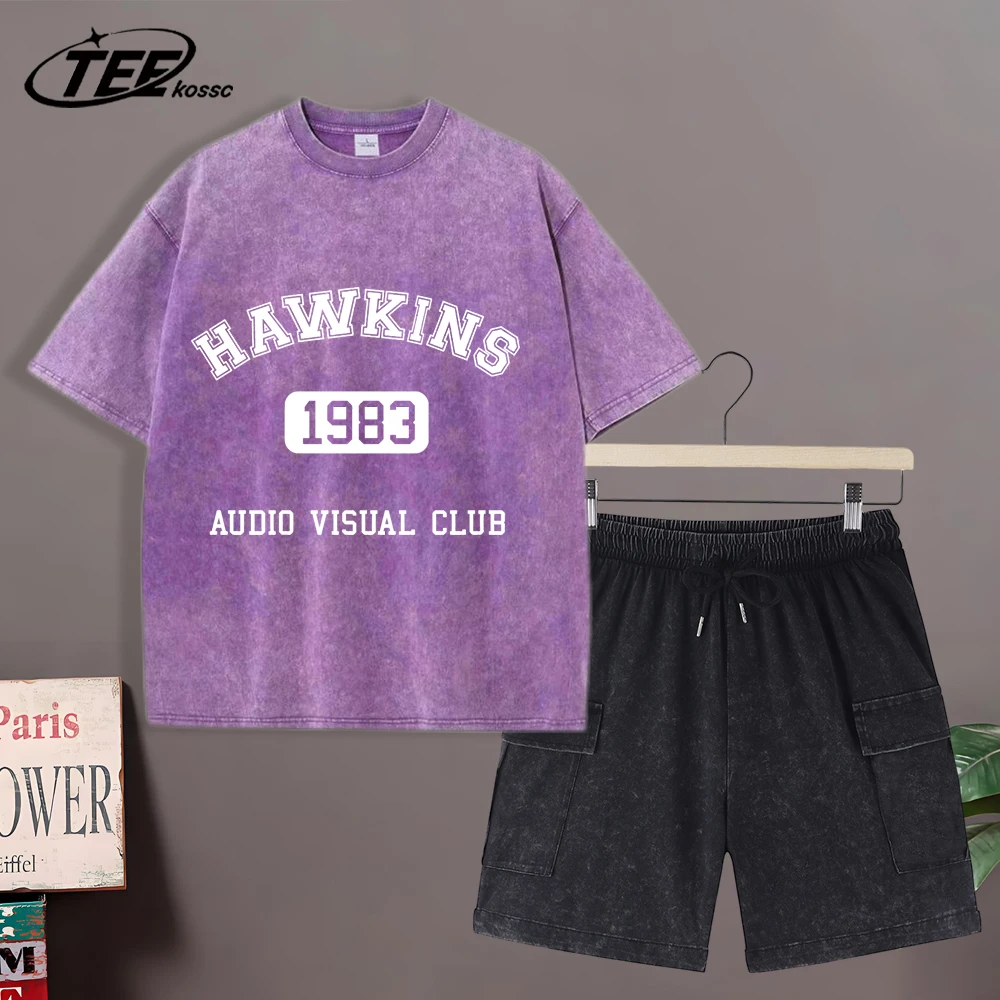 

Hawkins 1983 Audio Visual Club Washed Mens T-Shirts Summer Casual Cotton Fashion Tops Loose Retro Top Unisex Clothing Suit