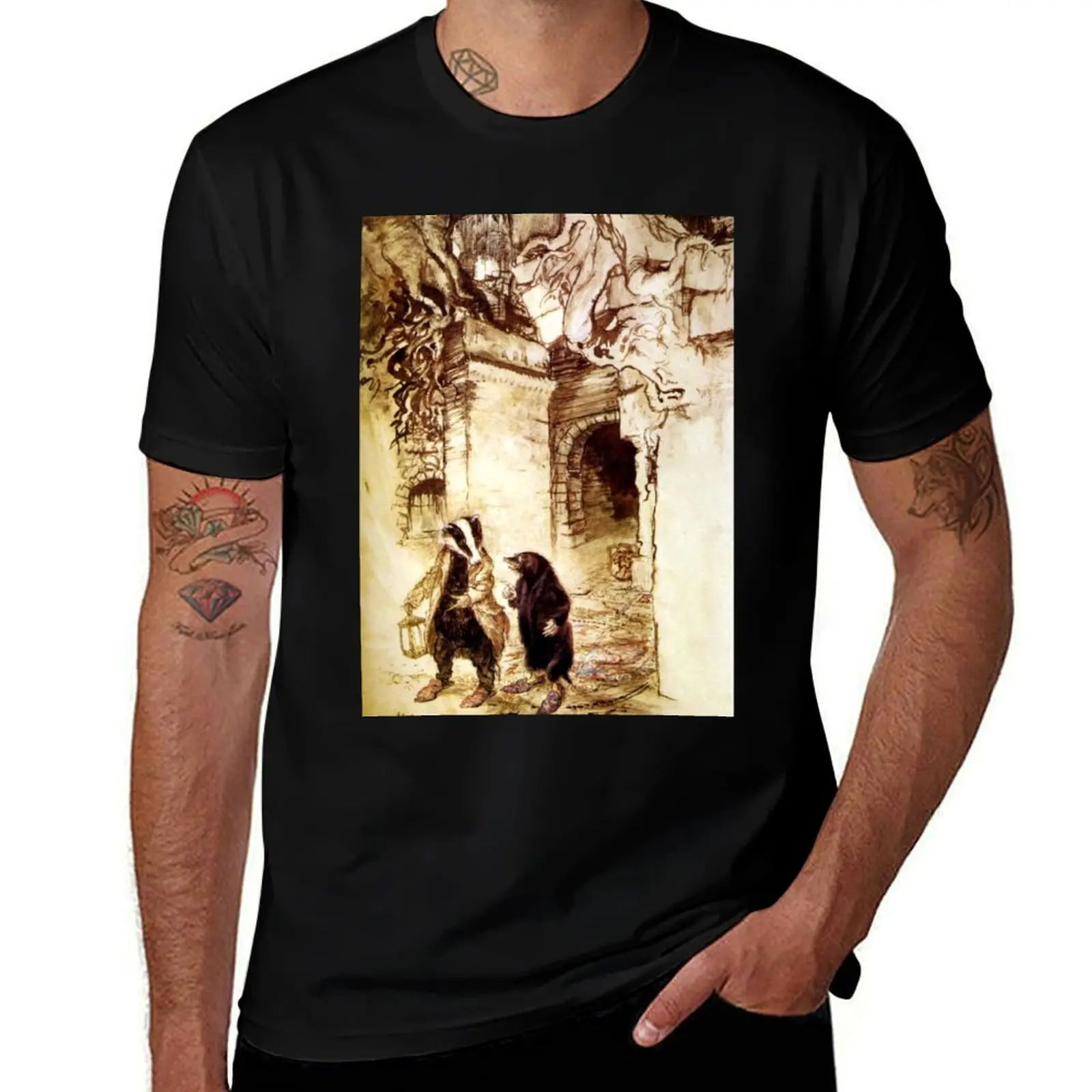 Badger and Rat in the Tunnels - The Wind in the Willows, Arthur Rackham T-Shirt Big Size Crew Neck T-Shirt