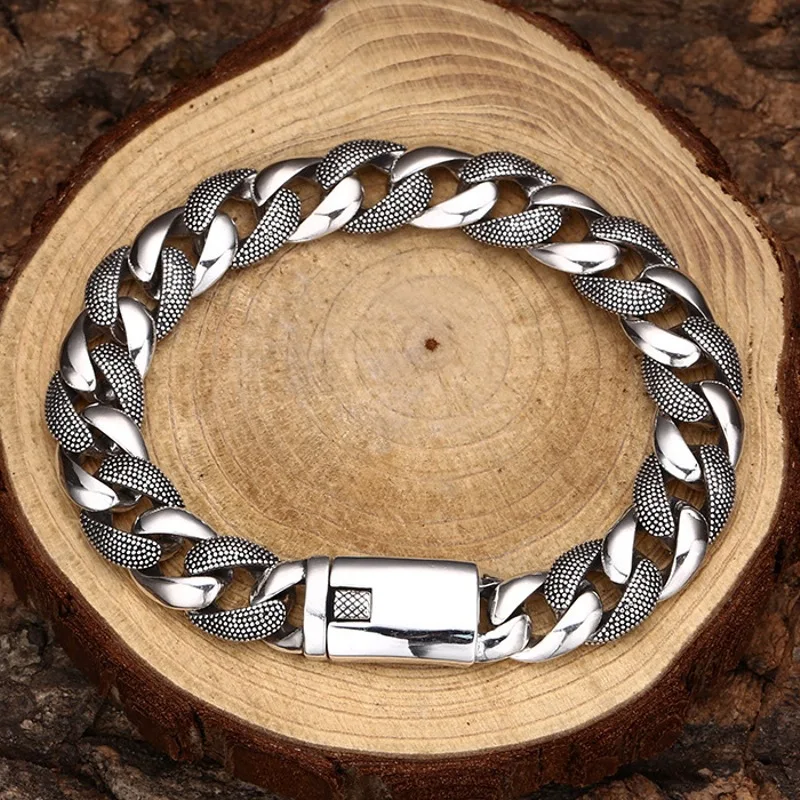 

Real Solid 925 Sterling Silver Chain Men 11mm Glossy Carved Cuban Curb Link Bracelet 42g/20cm