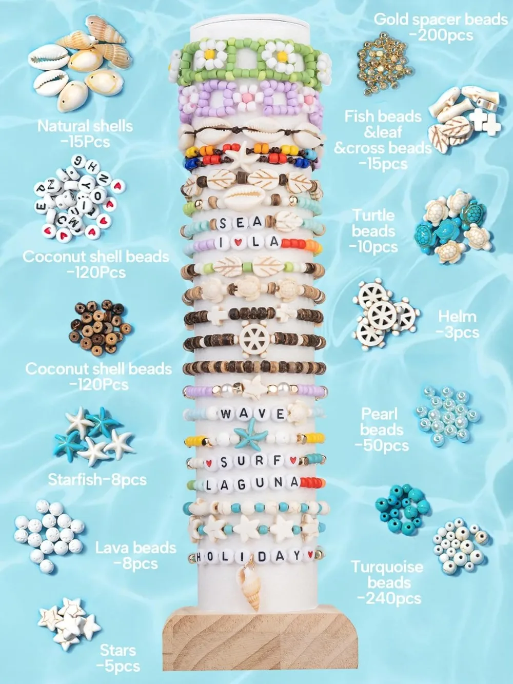 6000pcs 4mm Glass Beads for Bracelet Making Kit, Beach Jewelry Crafting with Letters, Numbers, Seashells, Spacers & Pearls view 4