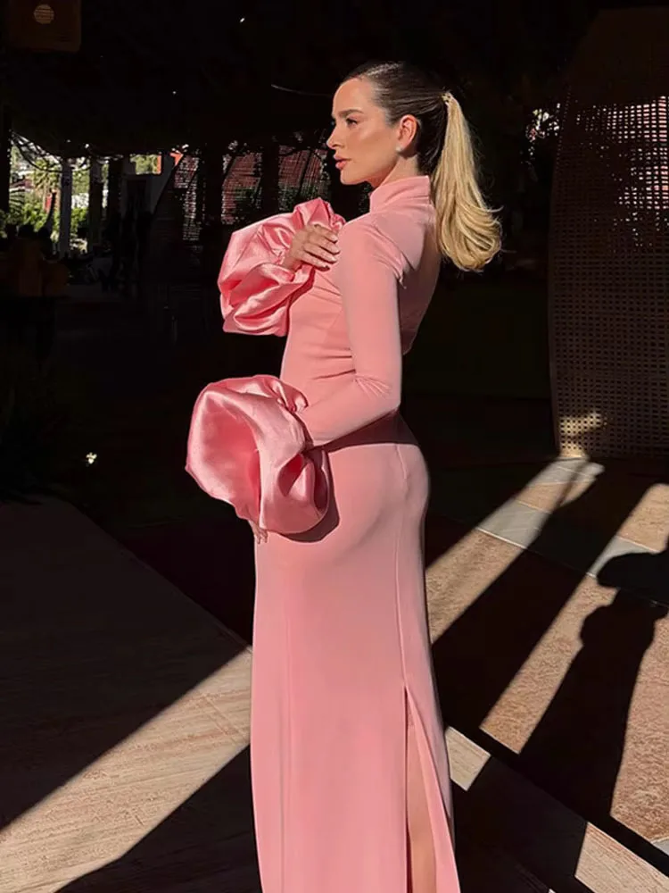 HH Mulheres Moda Verão Gola Meia Alta Mangas Compridas Fenda Decorar Vestido Feminino Elegante High Street Zipper Slim Vestido Longo