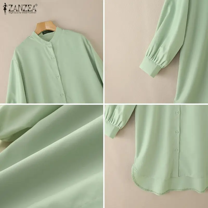 2026 ZANZEA femmes chemises longues automne à manches longues Blouse mode boutons asymétrique hauts décontracté ample solide élégant bureau Blusas