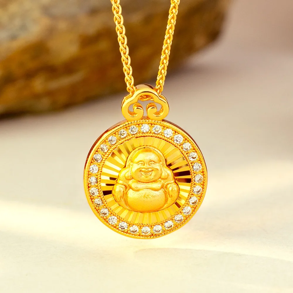Diamond-encrusting Maitreya pendant is inherited from ancient Chinese style collarbone chain 9999gold