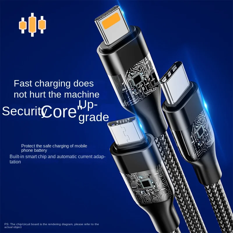 100W fast charging nylon woven one to three data cable suitable for Apple, Huawei, Android fast charging three in one car cable