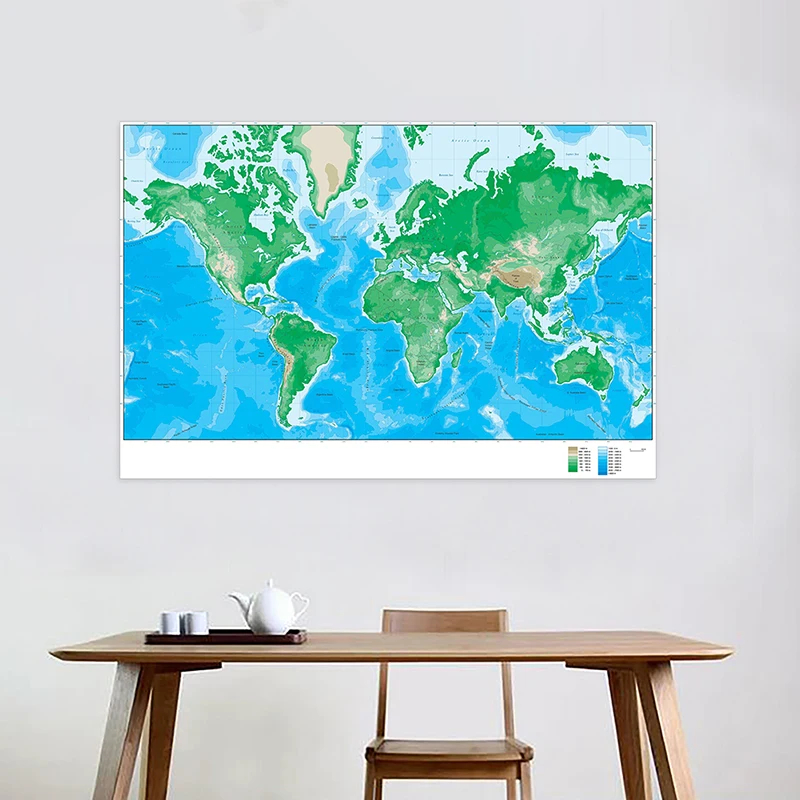 150x100cm World Elevation Map Foldable Non-woven for Geological Research School Education World Map Poster Supplies