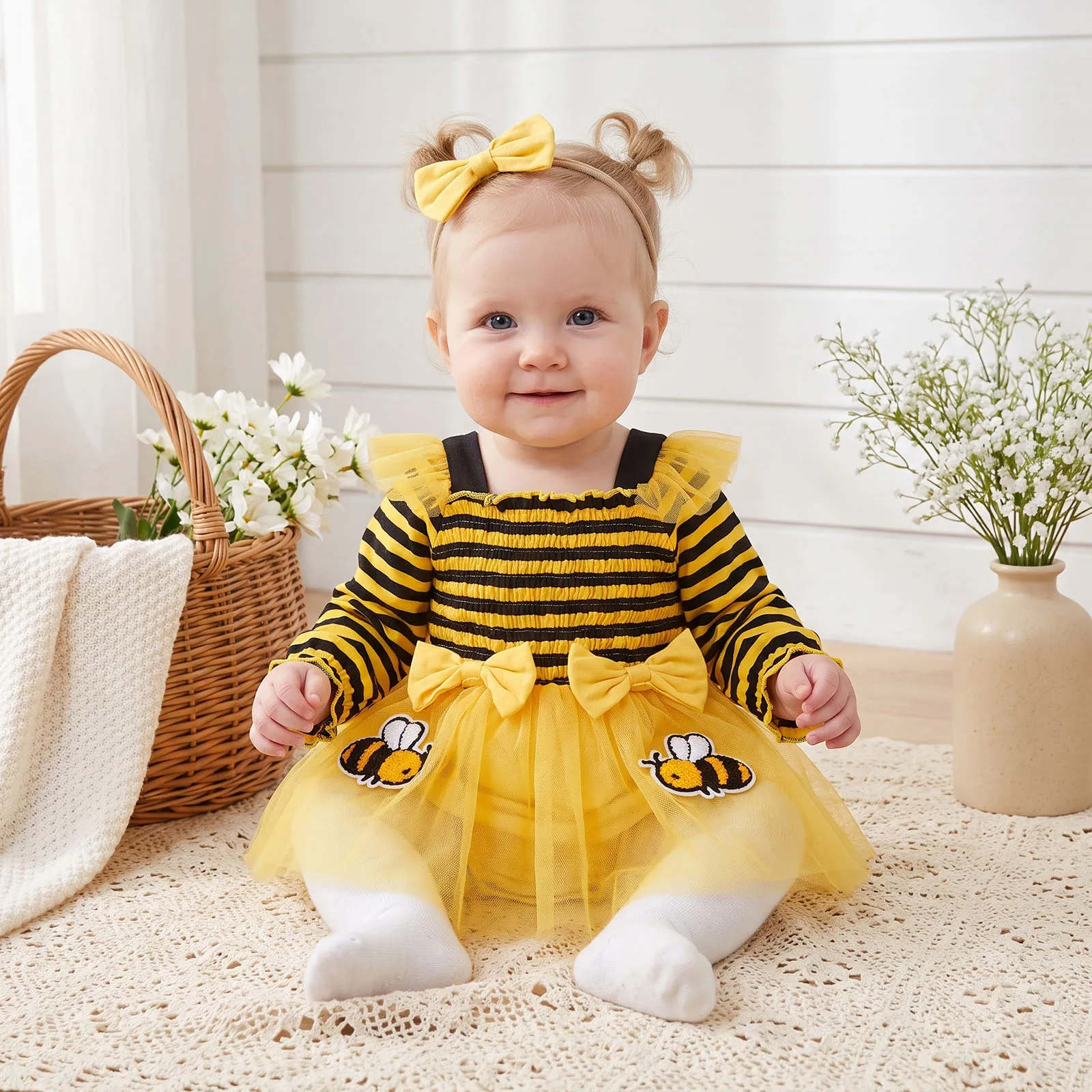 Baby Girl Bee Outfit Long Sleeve Smocked Tulle Romper Dress with Headband Halloween Costume Photography Clothes