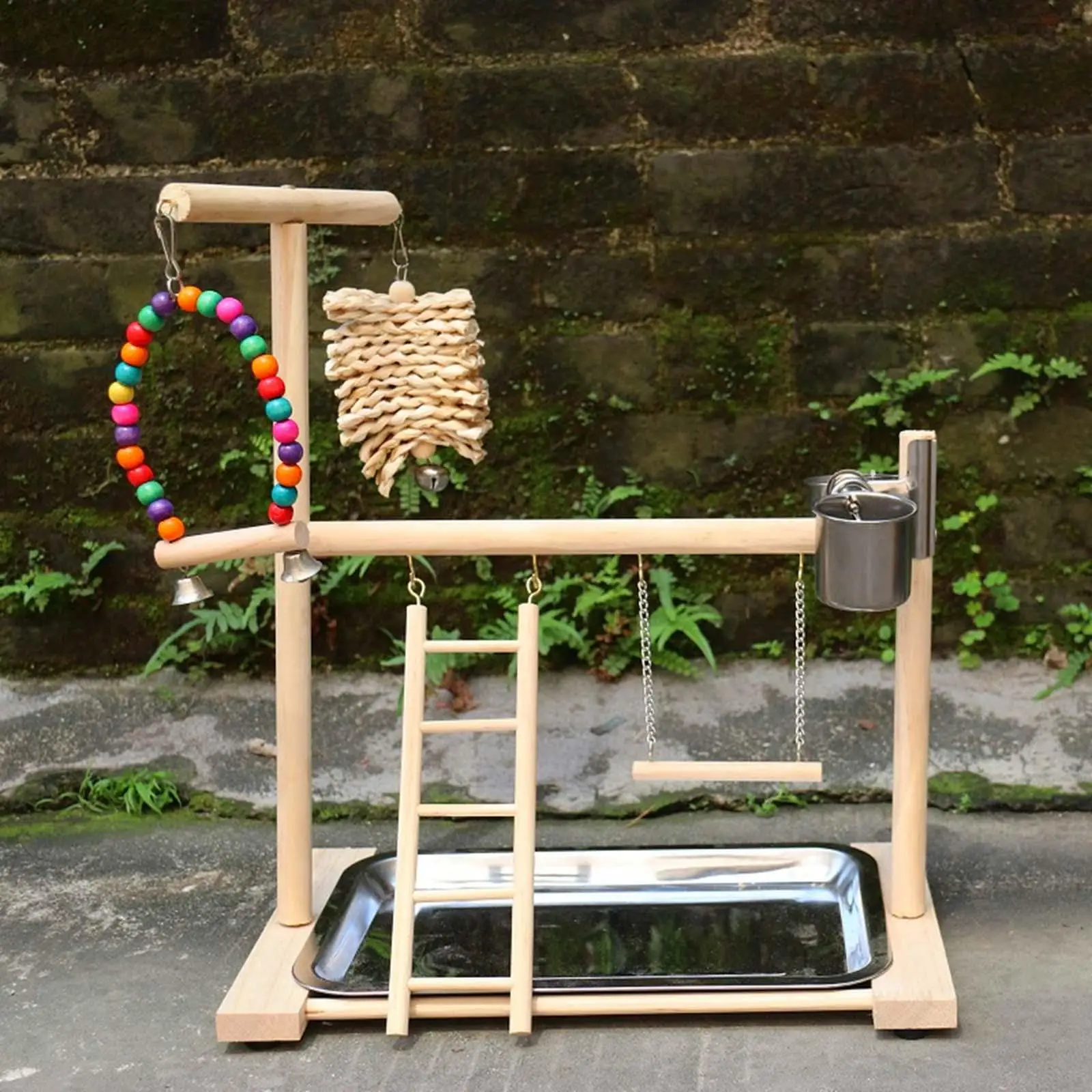 Wooden Parrot Stand Playground with Swing Ladder Feeder Cups Bird Perch Gym Large Bird Cage Toys for Home Aviary