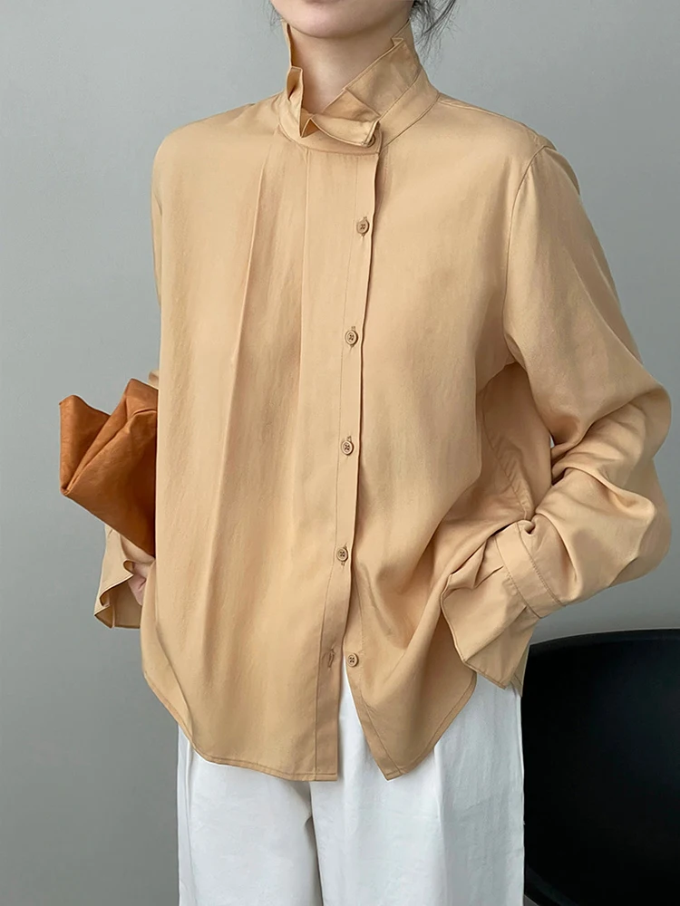 [EAM] Women Beige Ruffles Thin Big Size Blouse New Stand Collar Long Sleeve Shirt Fashion Tide Spring Autumn 2024 1DH4741