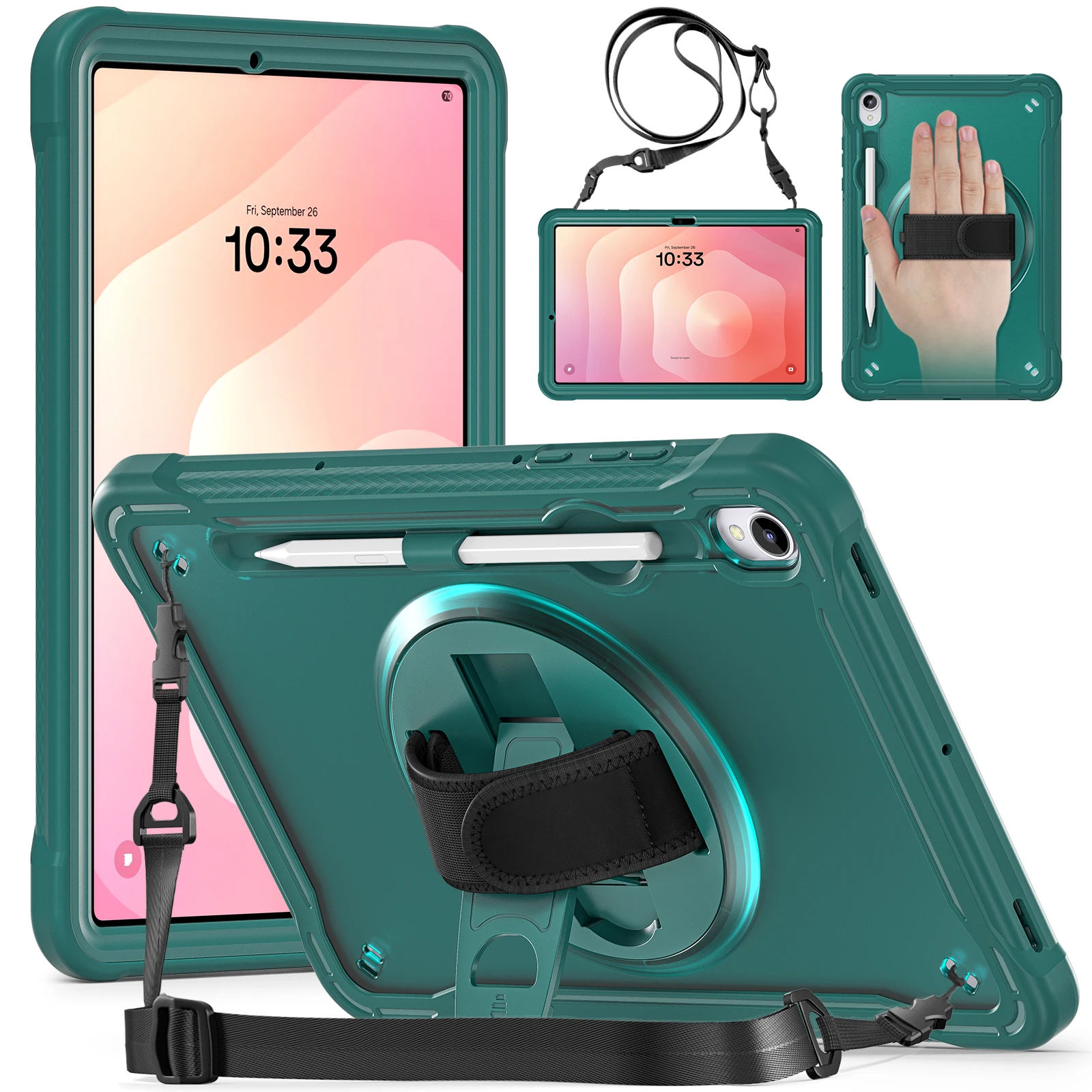For Samsung Galaxy Tab S11 Case Hand Strap Kickstand PC + TPU + Silicone Cover with Shoulder Strap - Midnight Green