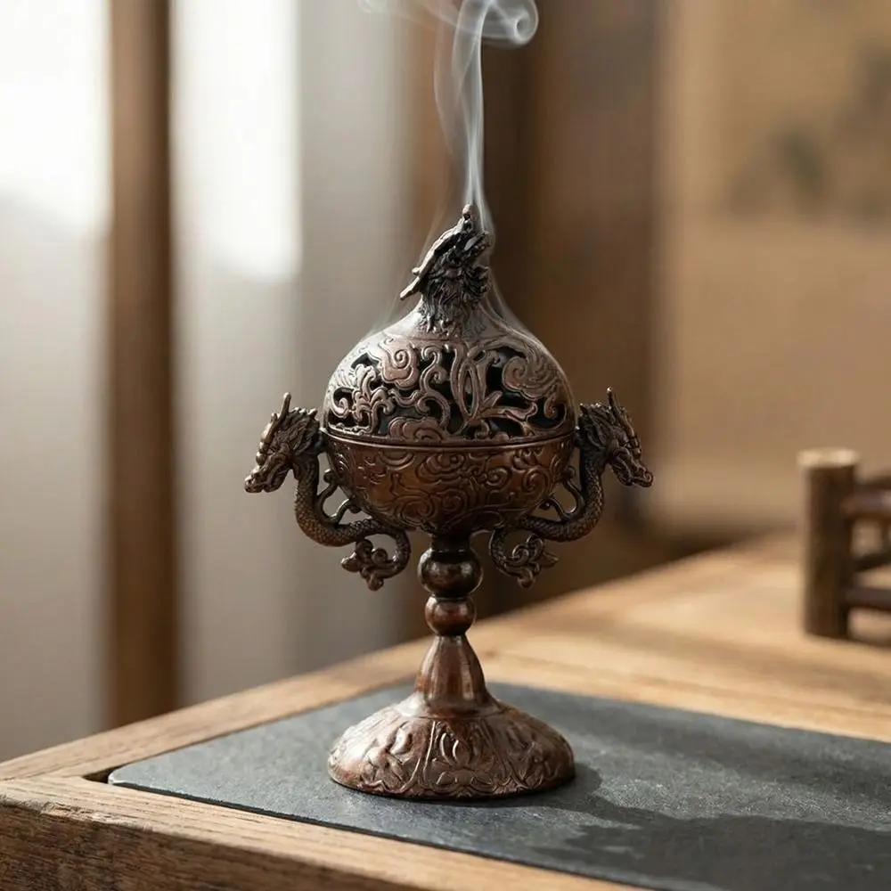 Vintage Alloy Incense Burner Hollow Out Handmade Sandalwood Incense Burner with Lid Double Dragon Metal Incense Holder