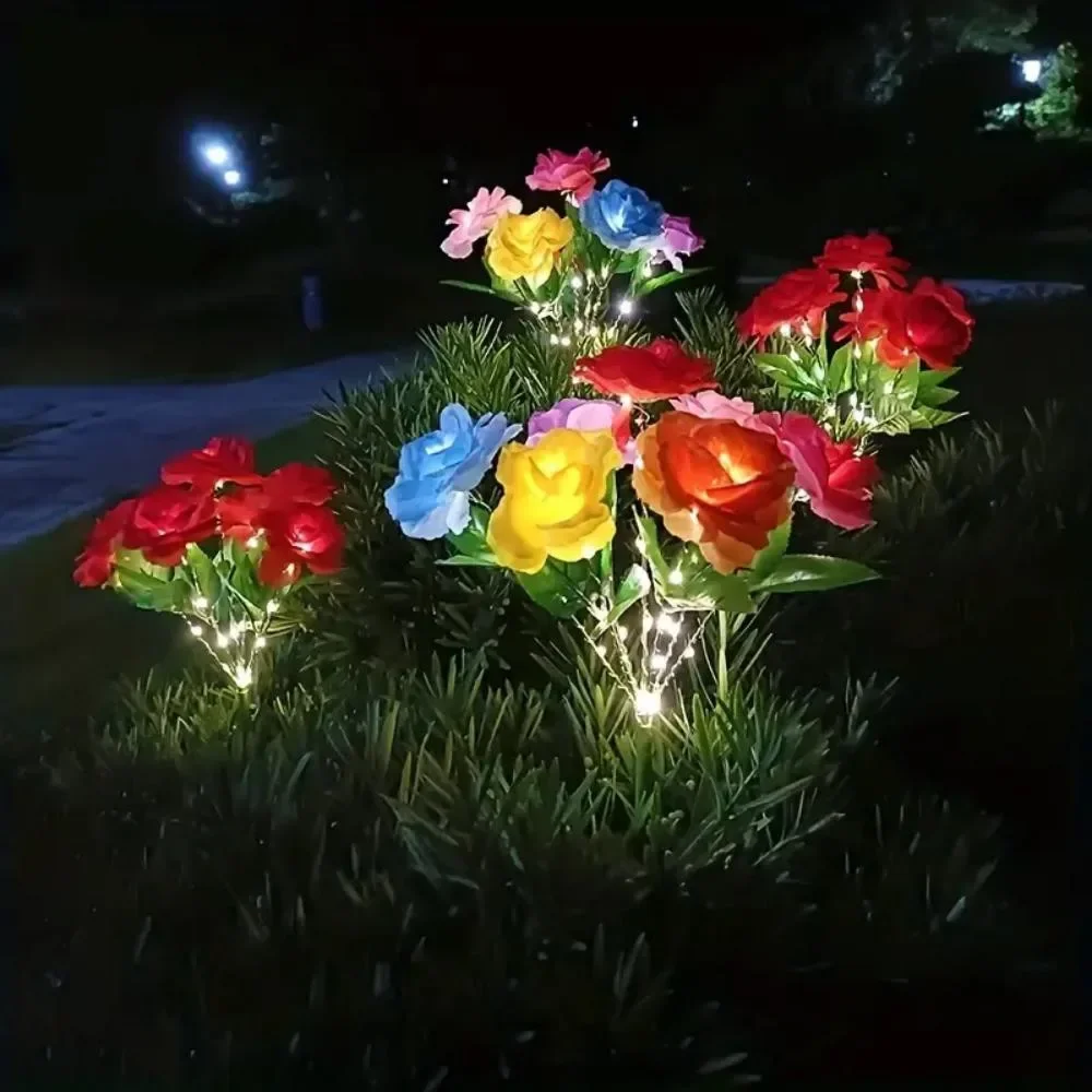 

1 Bundle 7-Head Color Solar Rose Simulation Garden Light, LED Ground Inserted Atmosphere Decoration Light For Pathway Patio Gard