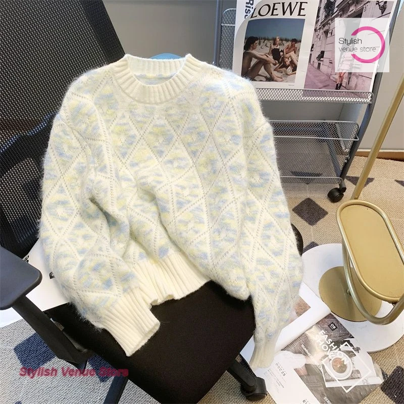 

Korean style fashion gradient rhombic sweater women's autumn and winter new temperament gentle relaxed leisure pullover sweater