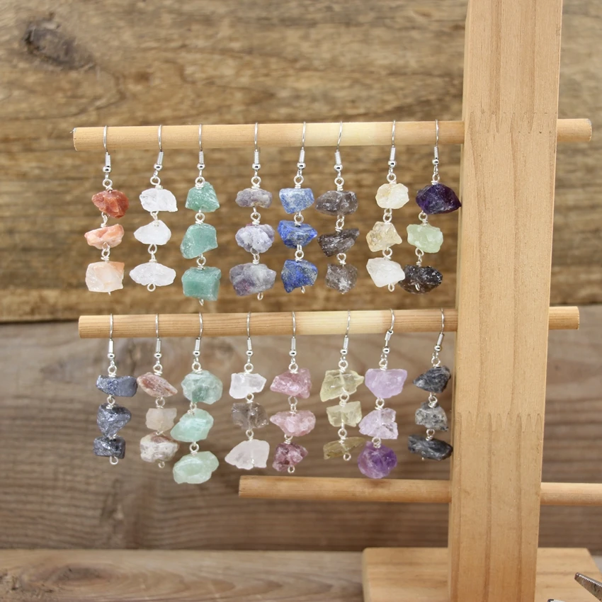 

Fashion Women Dangle Earrings Raw Quartz Beads Natural Stone Rough Fluorite Reiki Crystal Hook Eardrop Girl Party Jewelry QC7050
